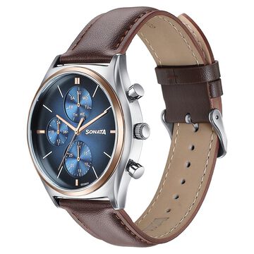 Sonata Festive Quartz Multifunction Blue Dial Brown Leather Strap Watch For Men