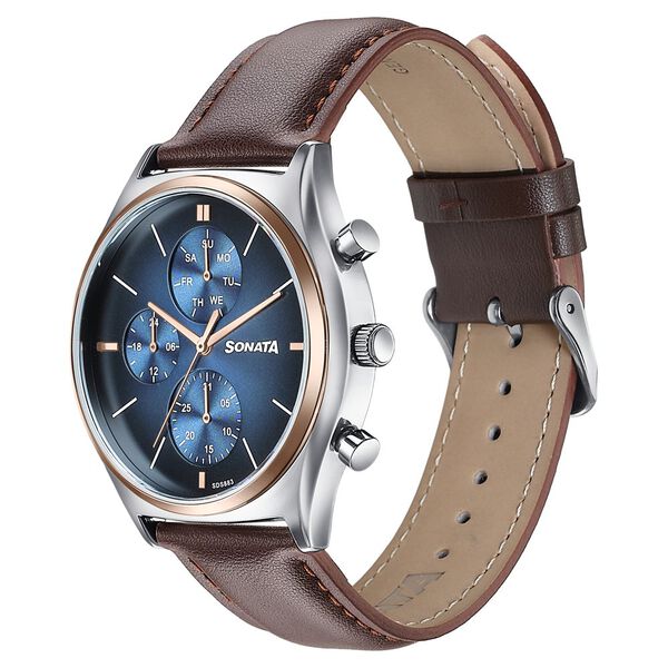 Sonata Festive Quartz Multifunction Blue Dial Brown Leather Strap Watch For Men - image number 2