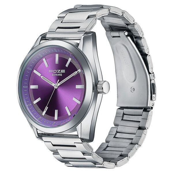 Sonata Poze Quartz Analog Purple Dial Metal Strap Watch For Men - image number 3