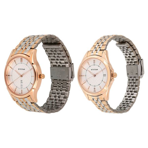 Titan Quartz Analog with Day and Date Silver Dial Stainless Steel Strap Watch for Couple - image number 1