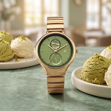 Fastrack Gelato champagne multifunction metal strap watch with Matcha green dial for Girls