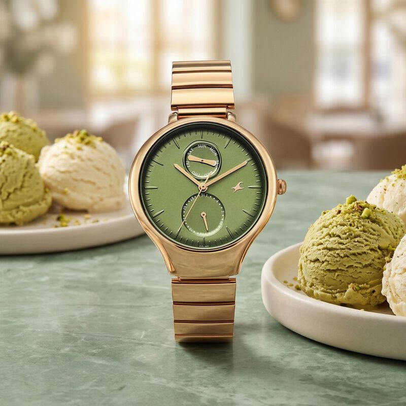 Fastrack Gelato champagne multifunction metal strap watch with Matcha green dial for Girls