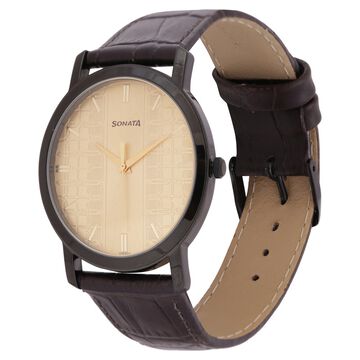 Sonata Quartz Analog Golden Dial Leather Strap Watch for Men