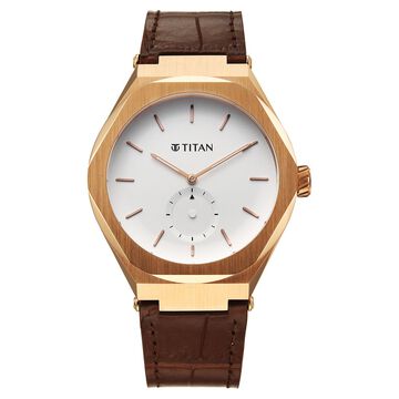 Titan Contour Analog with Small Second and White Dial Brown Leather Strap Watch for Men