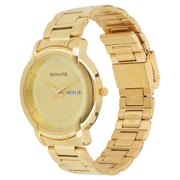 Sonata Quartz Analog with Day and Date Champagne Dial Stainless Steel Strap Watch for Men - image number 1
