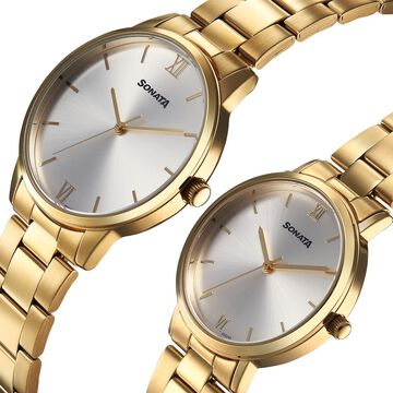 Sonata Perfect Pairs Quartz Analog Silver Dial Golden Metal Strap Watch For Couple