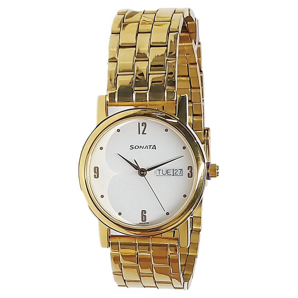 Buy Online Sonata Quartz Analog with Day and Date white Dial With Golden Color Metal Strap Watch For Men 7987ym16lq Titan