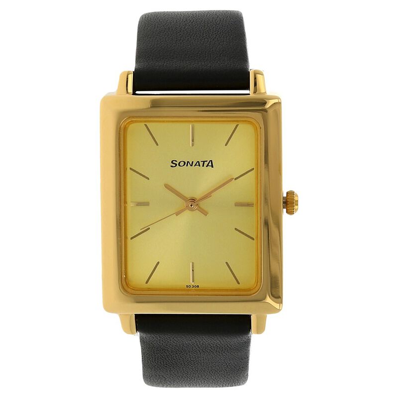 Sonata Quartz Analog Champagne Dial Leather Strap Watch for Men