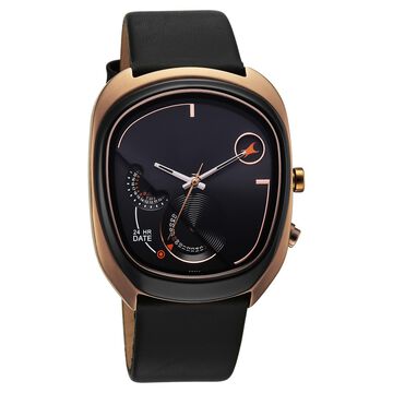 Fastrack UFO Quartz Multifunction Black Dial Black Leather Strap Watch For Guys