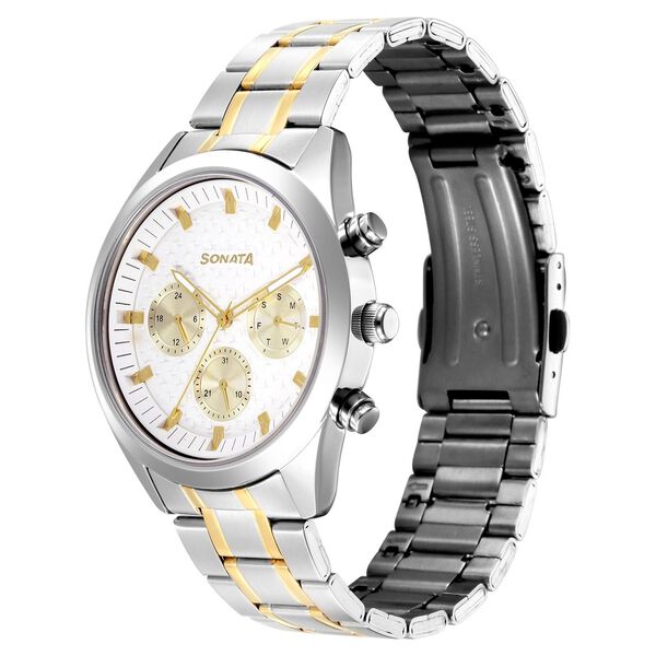 Sonata Multifunction White Dial Two Toned Metal Strap Watch For Men - image number 2
