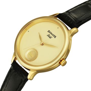 Sonata Gold Quartz Analog Champagne With Gold Coin Dial Black Leather Strap Watch For Women