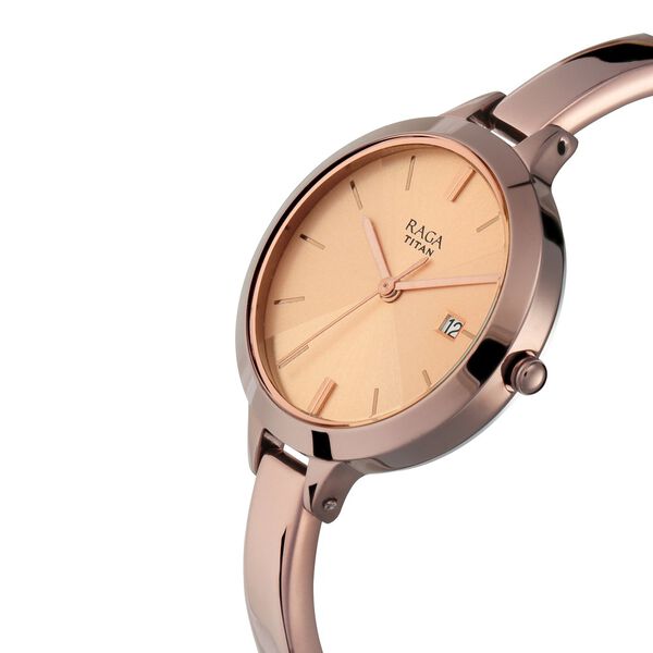 Titan Quartz Analog with Date Rose Gold Dial Brown Metal Strap Watch For Women - image number 1