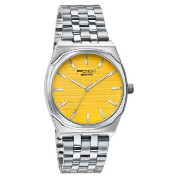 Sonata Poze Quartz Analog Yellow Dial Silver Colour Stainless Steel Strap Watch For Men