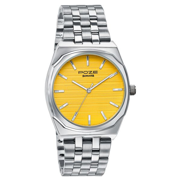 Sonata Poze Quartz Analog Yellow Dial Silver Colour Stainless Steel Strap Watch For Men - image number 1
