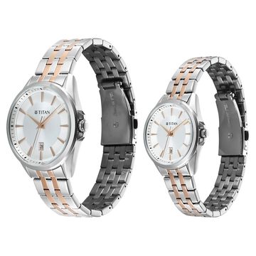 Titan Modern Bandhan Pair Analog with White Dial Dual Tone Rose Gold Stainless Steel Strap Watch for Couples