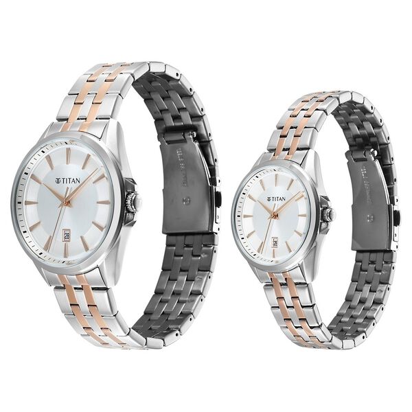 Titan Modern Bandhan Pair Analog with White Dial Dual Tone Rose Gold Stainless Steel Strap Watch for Couples - image number 2