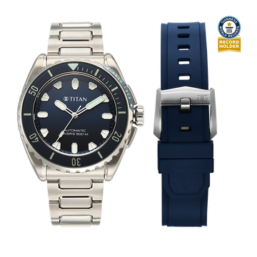 Titan Zero Hour Professional Diver's 500m Limited Edition Automatic Analog with Blue Dial Silver Titanium & Blue FKM Strap Watch for Men