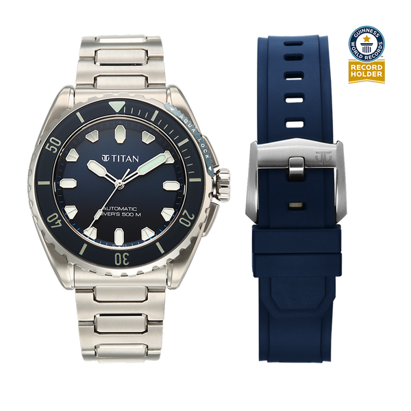 Titan Zero Hour Professional Diver's 500m Limited Edition Automatic Analog with Blue Dial Silver Titanium & Blue FKM Strap Watch for Men - image number 0