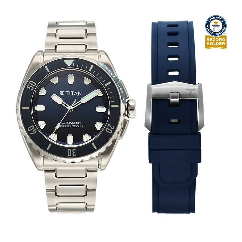 Titan Zero Hour Professional Diver's 500m Limited Edition Automatic Analog with Blue Dial Silver Titanium & Blue FKM Strap Watch for Men