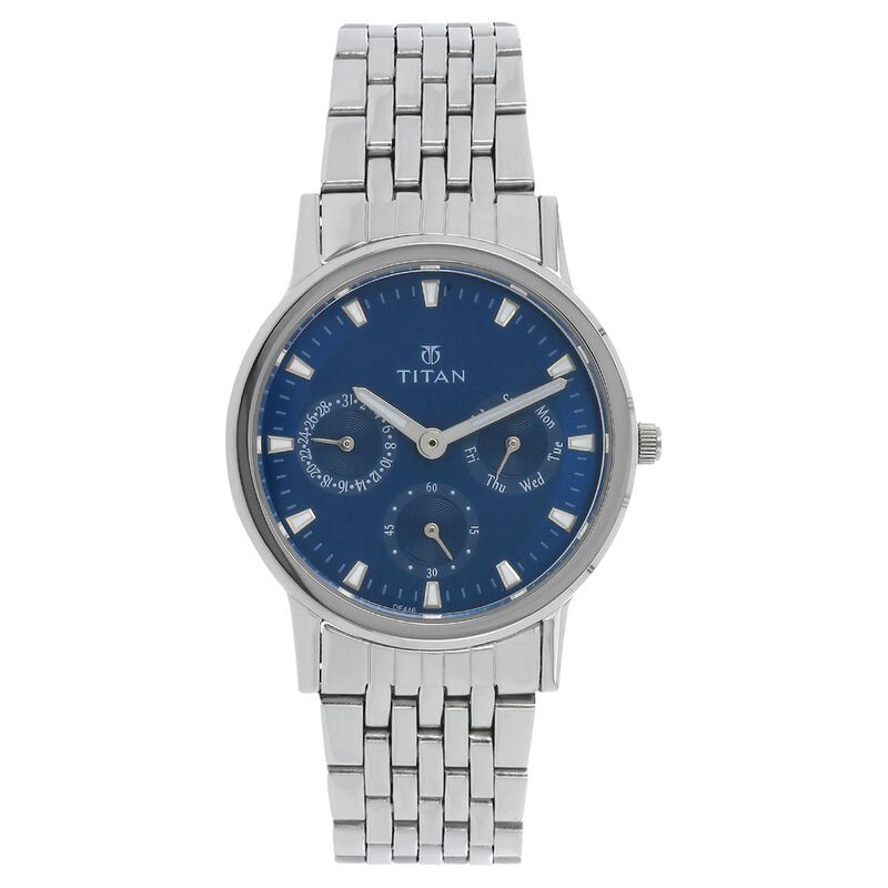 Titan Quartz Analog with Day and Date Blue Dial Stainless Steel Strap Watch for Women