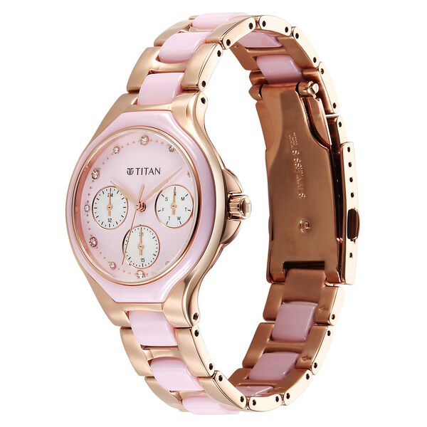 Titan Glamour Quartz Multifunction Mother Of Pearl Dial Pink Ceramic & Steel Strap Watch For Women - image number 2