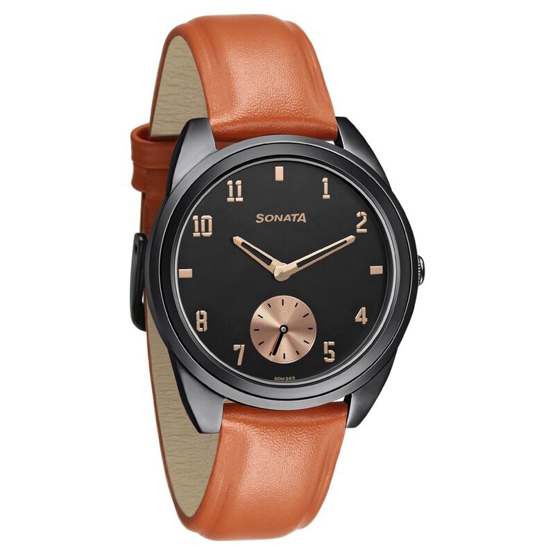 Sonata Women of Steel Black Dial Leather Strap Watch for Women