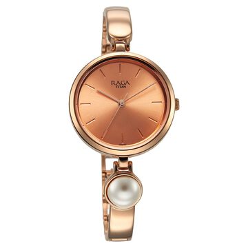 Titan Raga Power Pearls Quartz Analog Rose Gold Dial Metal Strap with pearl Watch for Women