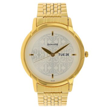 Sonata Quartz Analog with Day and Date Silver Dial Stainless Steel Strap Watch for Men