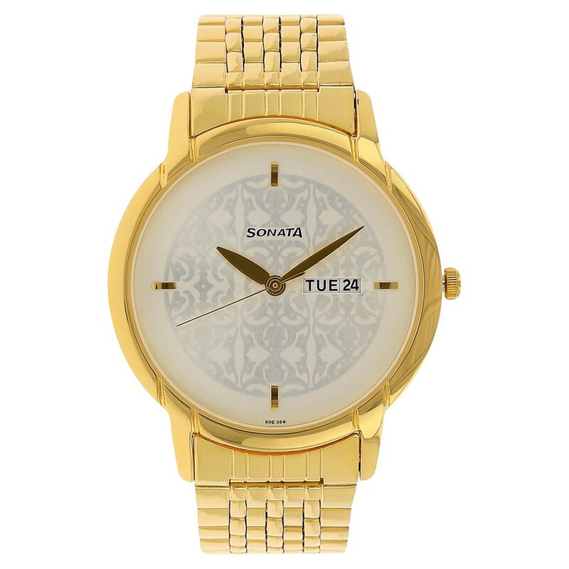 Sonata Quartz Analog with Day and Date Silver Dial Golden Stainless Steel Strap Watch For Men