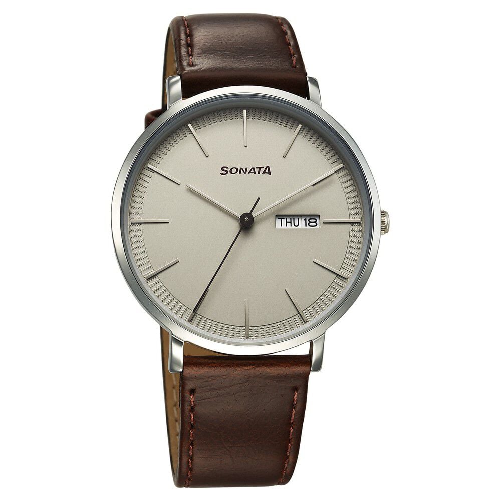 Sonata Ascent Quartz Analog with Day and Date Grey Dial Leather Strap Watch For Men-image-5