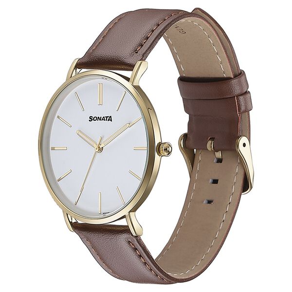 Sonata Quartz Analog White Dial Brown Leather Strap Watch For Men - image number 3