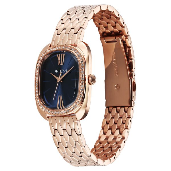Titan Purple Glamour Quartz Analog Blue Dial Rose Gold Stainless Steel Strap Watch For Women - image number 4
