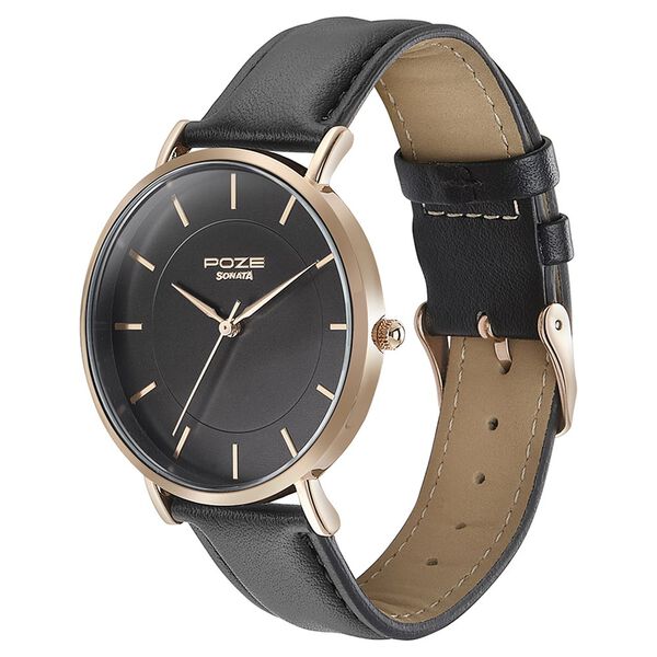 Sonata Poze Quartz Analog Black Round Dial Black Leather Strap Watch For Men - image number 3