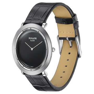 Sonata Sleek Black Dial Silver-Tone Leather Strap Watch