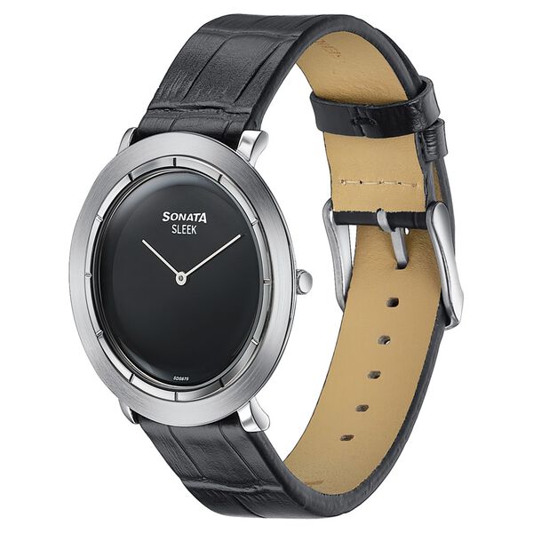 Sonata Sleek Black Dial Silver-Tone Leather Strap Watch - image number 2