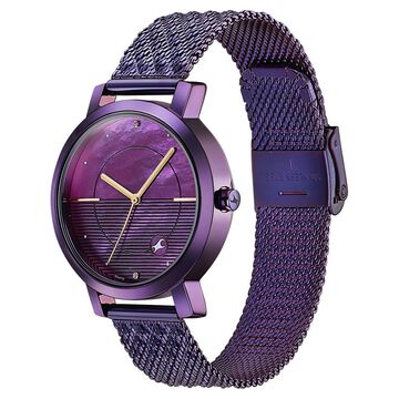 Fastrack Style Up Quartz Analog Purple Mother Of Pearl Dial Purple Stainless Steel Strap Watch For Girls