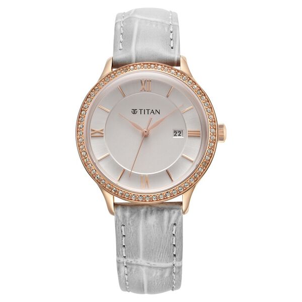 Titan Bright Leathers Quartz Analog with Date Silver Dial Leather Strap for Women - image number 0