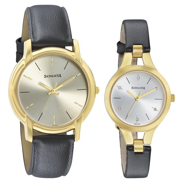 Sonata Quartz Analog Silver Dial Leather Strap Watch for Couple - image number 0