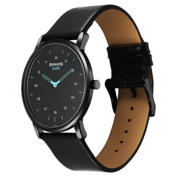 Sonata Sleek Quartz Analog Black Dial Black Leather Strap Watch For Men
