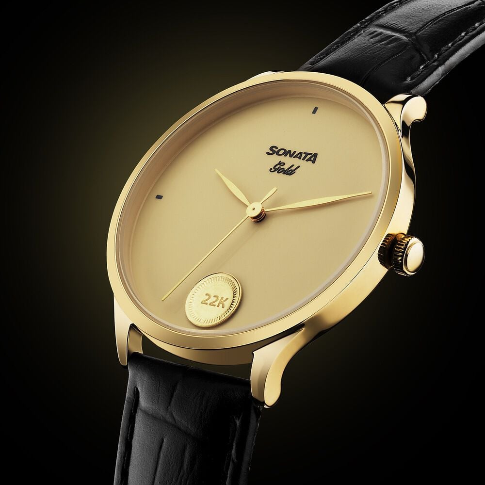 Sonata Sonata Gold Quartz Analog Champagne With Gold Coin Dial Black Leather Strap Watch For Men-picture-19