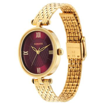 Sonata Classic Gold Maroon Dial Metal Strap Watch for Women