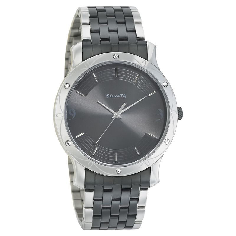 Sonata Quartz Analog Black Dial Stainless Steel Strap Watch for Men