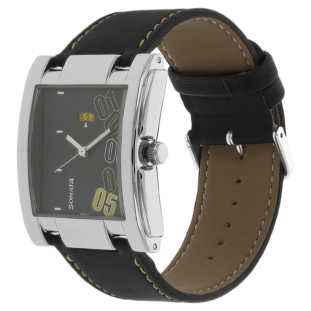Buy Online Sonata Quartz Analog with Date Black Dial Leather Strap Watch for Men nk7946sl03 Titan