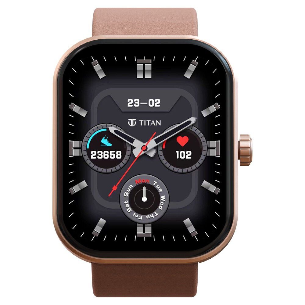 Titan mirage with 4.97 cm amoled display and aod, functional crown, bt calling smartwatch with pink leather strap