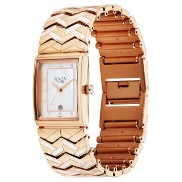 Titan Raga Power Pearls 2.0 Quartz Analog Mother Of Pearl Dial Rose Gold Metal Strap Watch For Women