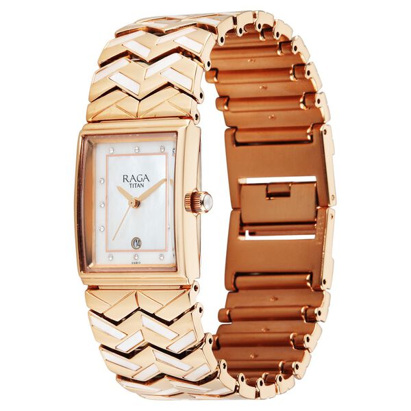 Titan Raga Power Pearls 2.0 Quartz Analog Mother Of Pearl Dial Rose Gold Metal Strap Watch For Women - image number 2