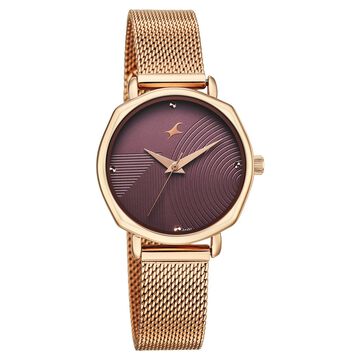Fastrack Stunners Quartz Analog Purple Dial Rose Gold Stainless Steel Strap Watch For Girls
