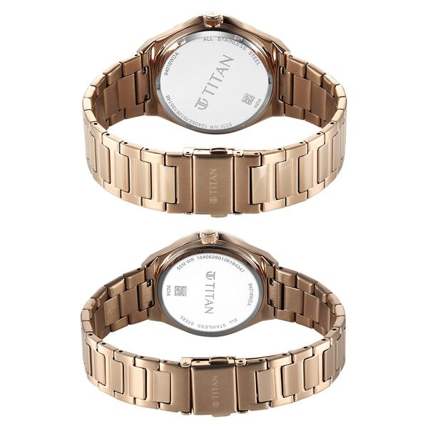 Titan Modern Bandhan Pair Analog with Black Dial Carnation Gold Stainless Steel Strap Watch for Couples - image number 4