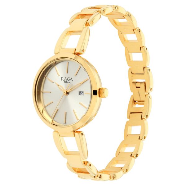Titan Raga Viva Golden Dial Analog with Date Metal Strap Watch for Women - image number 3