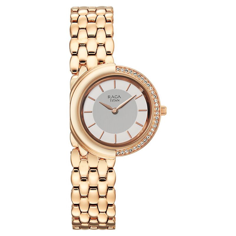 Titan Raga Chic Glam Quartz Analog Mother Of Pearl Dial Rose Gold Metal Strap Watch For Women